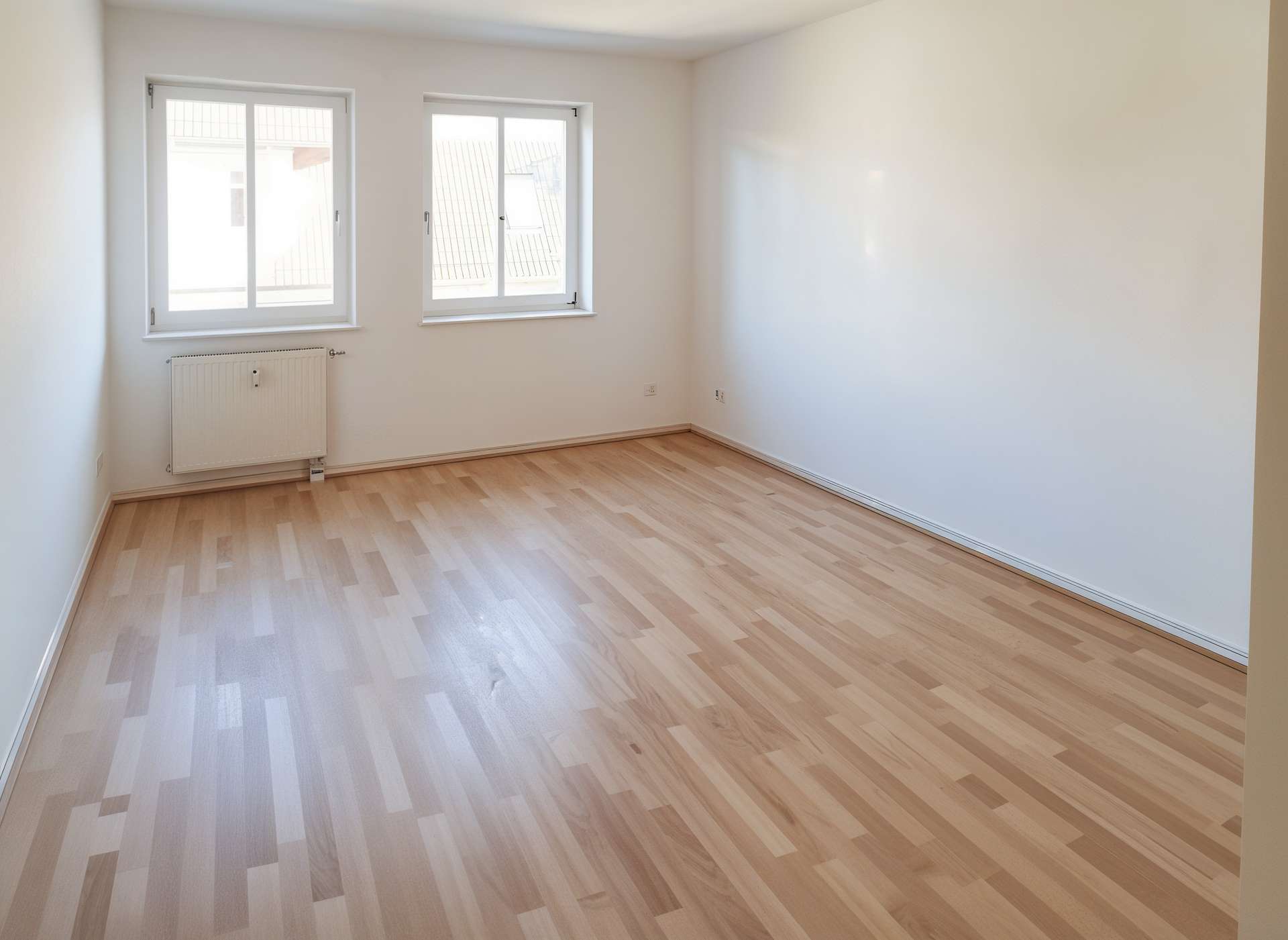 Empty white room with two windows, radiator below left window, and light wood laminate flooring