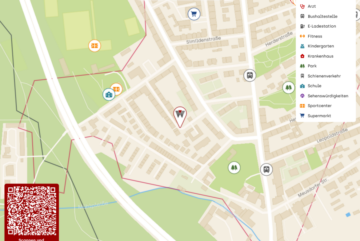 Interactive city map showing points of interest (pharmacies, hospitals, shops) with a right-side legend in German and a bottom-left QR code.