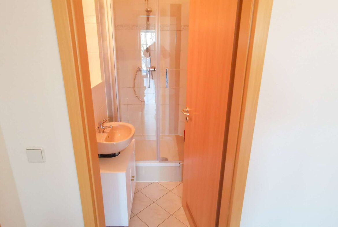 Narrow bathroom seen through a doorway with a glass shower enclosure at the far end and a small sink on the left