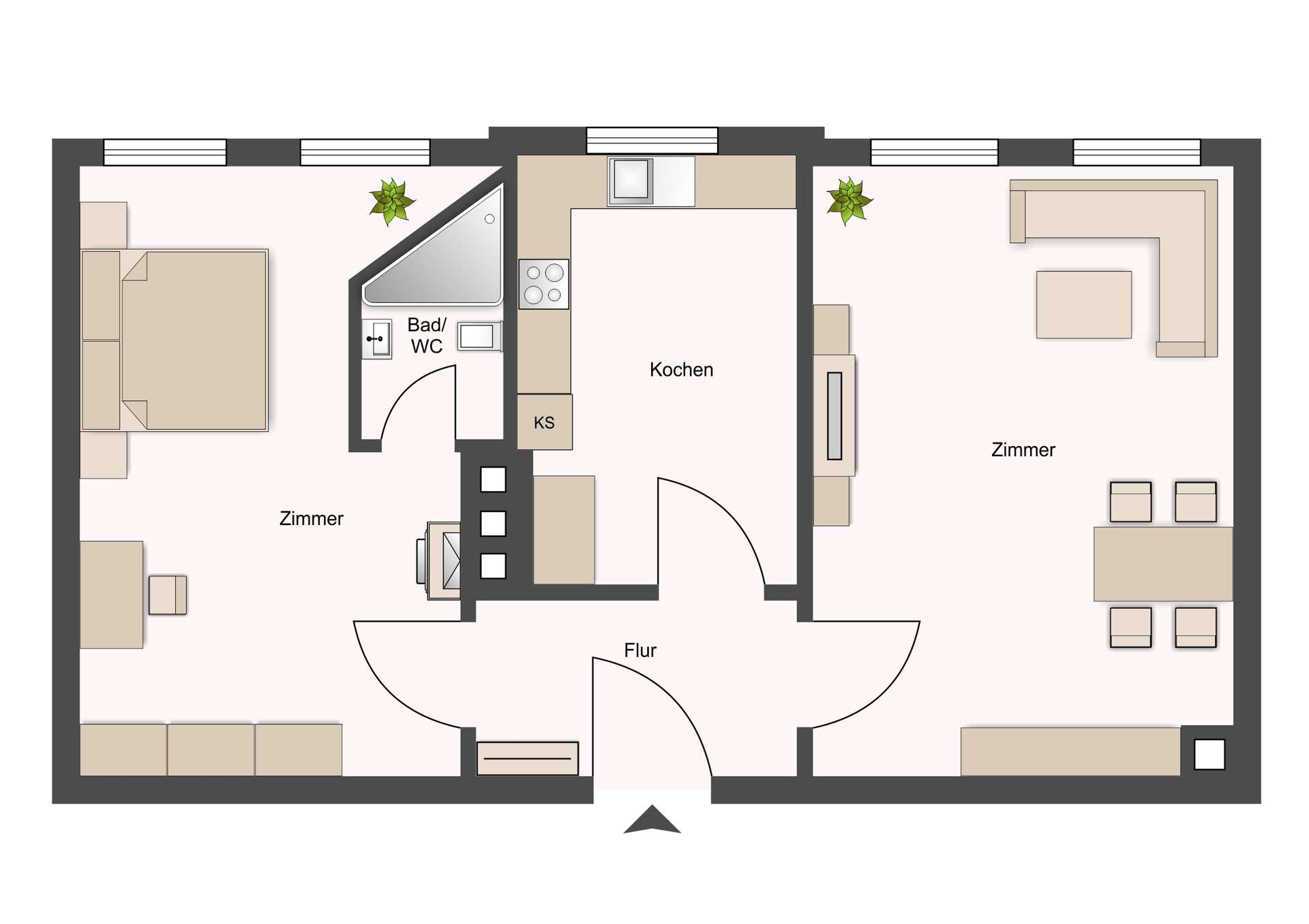 Grundriss einer Wohnung: zentraler Flur, links Schlafzimmer, Mitte Küche, rechts großes Wohnzimmer; Bad/WC nahe der Küche.