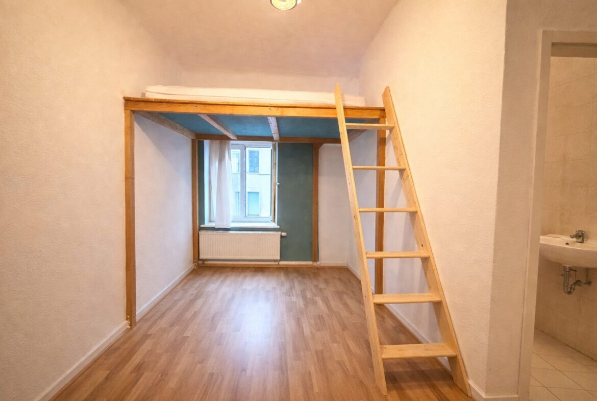 Small studio room with a wooden loft bed, ladder, and a window with radiator beneath; doorway to a tiled bathroom on the right.