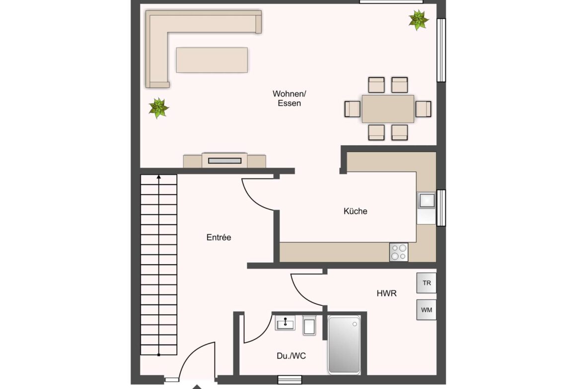 Floor plan of a home: living/dining area (Wohnen/Essen) with L-shaped sofa, coffee table; adjacent dining table in the right corner; open kitchen nearby; entry (Entrée) at left, stairs, and utility areas.