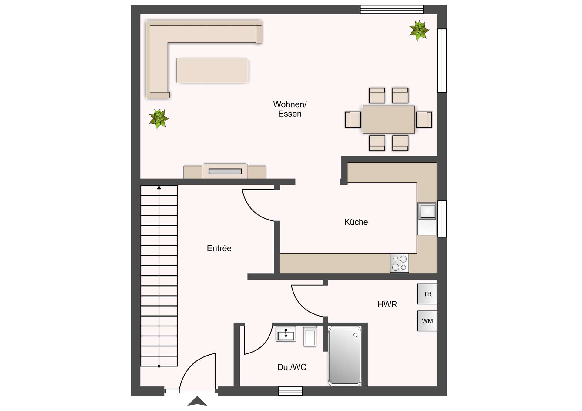 Floor plan of a home: living/dining area (Wohnen/Essen) with L-shaped sofa, coffee table; adjacent dining table in the right corner; open kitchen nearby; entry (Entrée) at left, stairs, and utility areas.