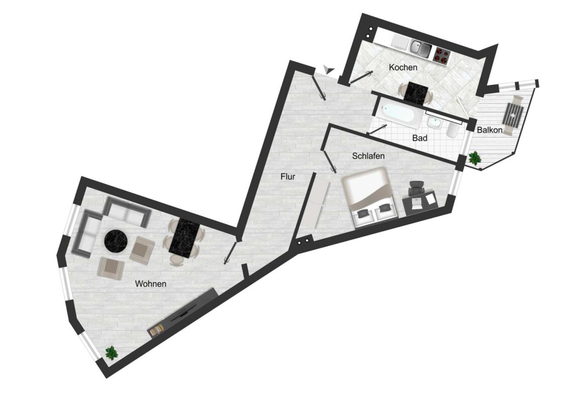 Labeled floor plan of an apartment: Wohnen (living room) with seating, Flur (hallway), Schlafen (bedroom) with bed, Bad (bathroom) with bathtub, Kochen (kitchen) with sink and stove, and Balkon (balcony) to the right.