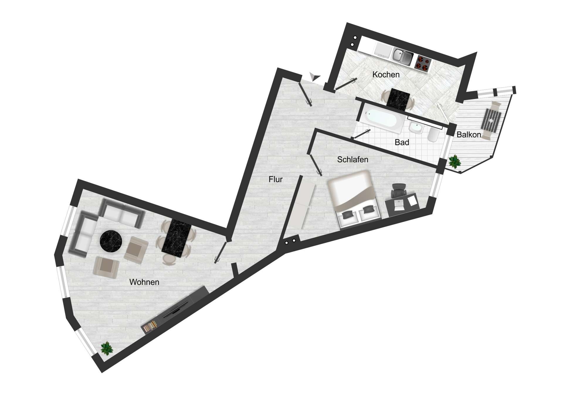 Labeled floor plan of an apartment: Wohnen (living room) with seating, Flur (hallway), Schlafen (bedroom) with bed, Bad (bathroom) with bathtub, Kochen (kitchen) with sink and stove, and Balkon (balcony) to the right.