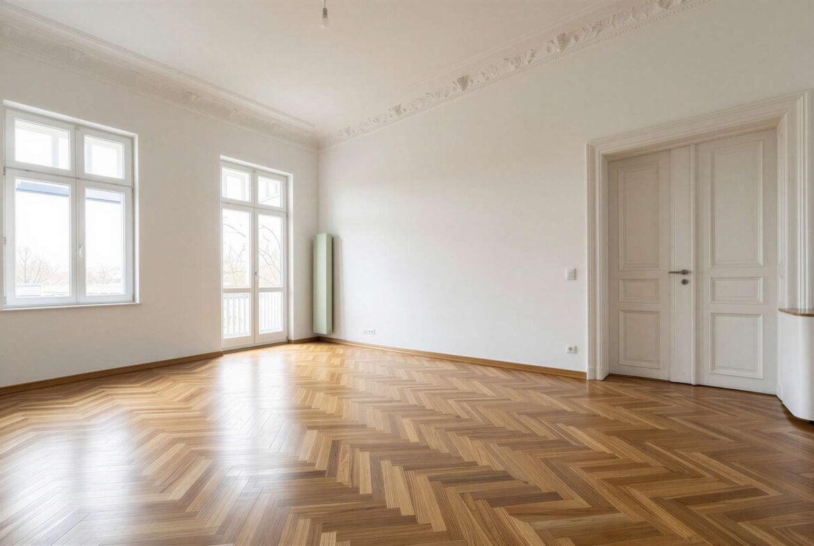 Bright empty living room with herringbone wood floor, white walls, and large windows letting in natural light.
