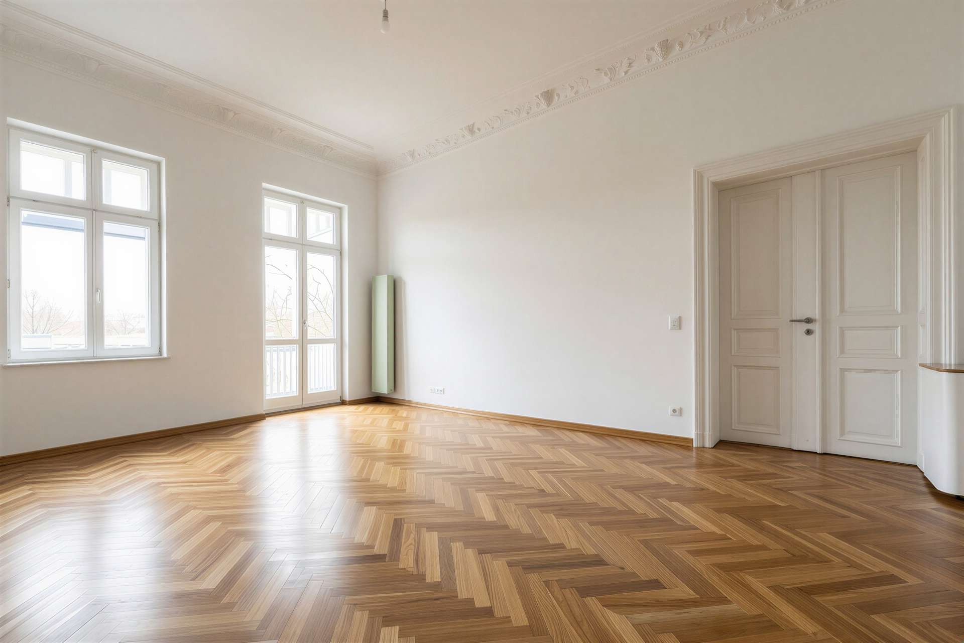 Bright empty living room with herringbone wood floor, white walls, and large windows letting in natural light.