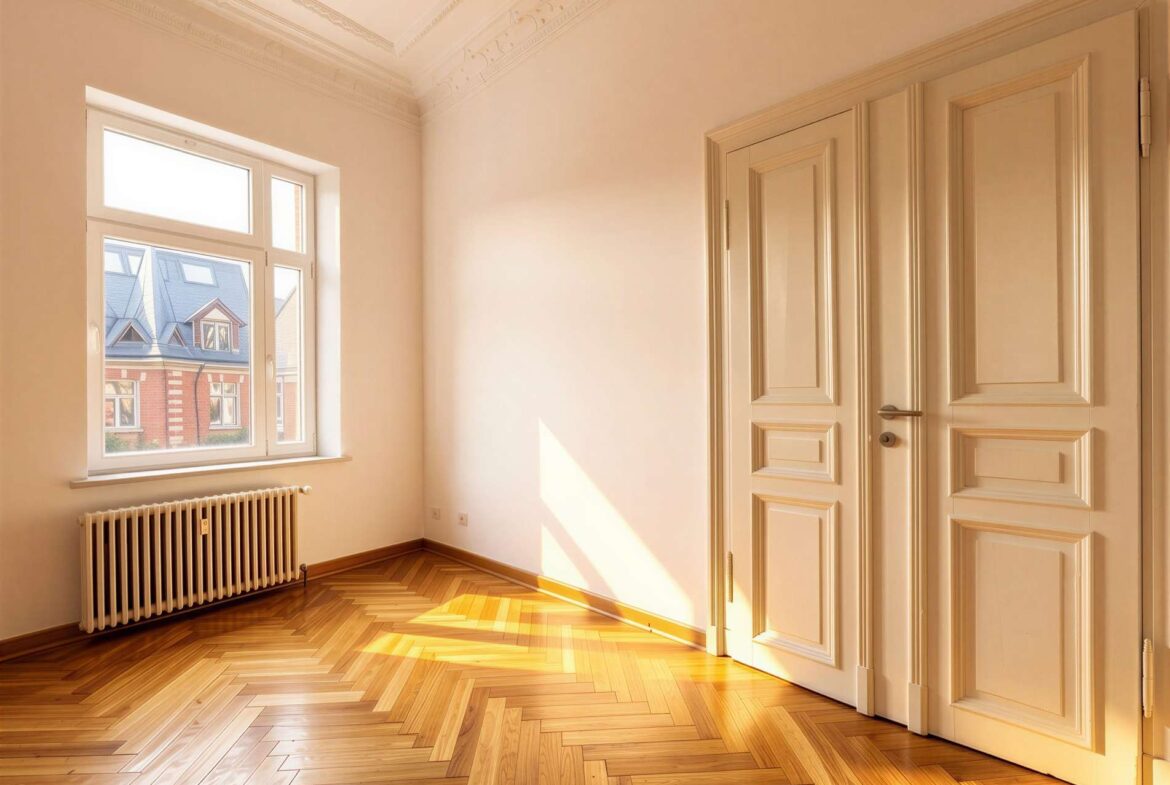 Bright empty room with herringbone wood floor, white walls, a radiator under a large window, and decorative ceiling molding; right side shows paneled double doors.