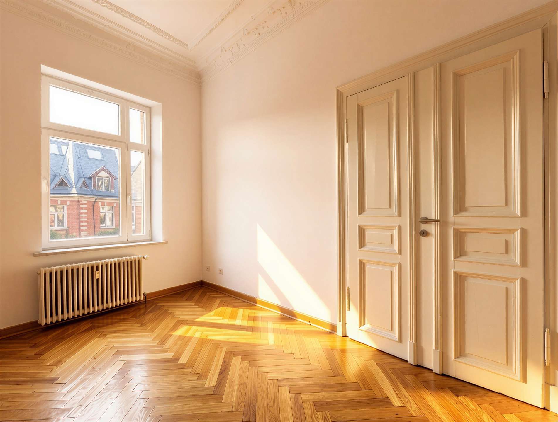 Bright empty room with herringbone wood floor, white walls, a radiator under a large window, and decorative ceiling molding; right side shows paneled double doors.