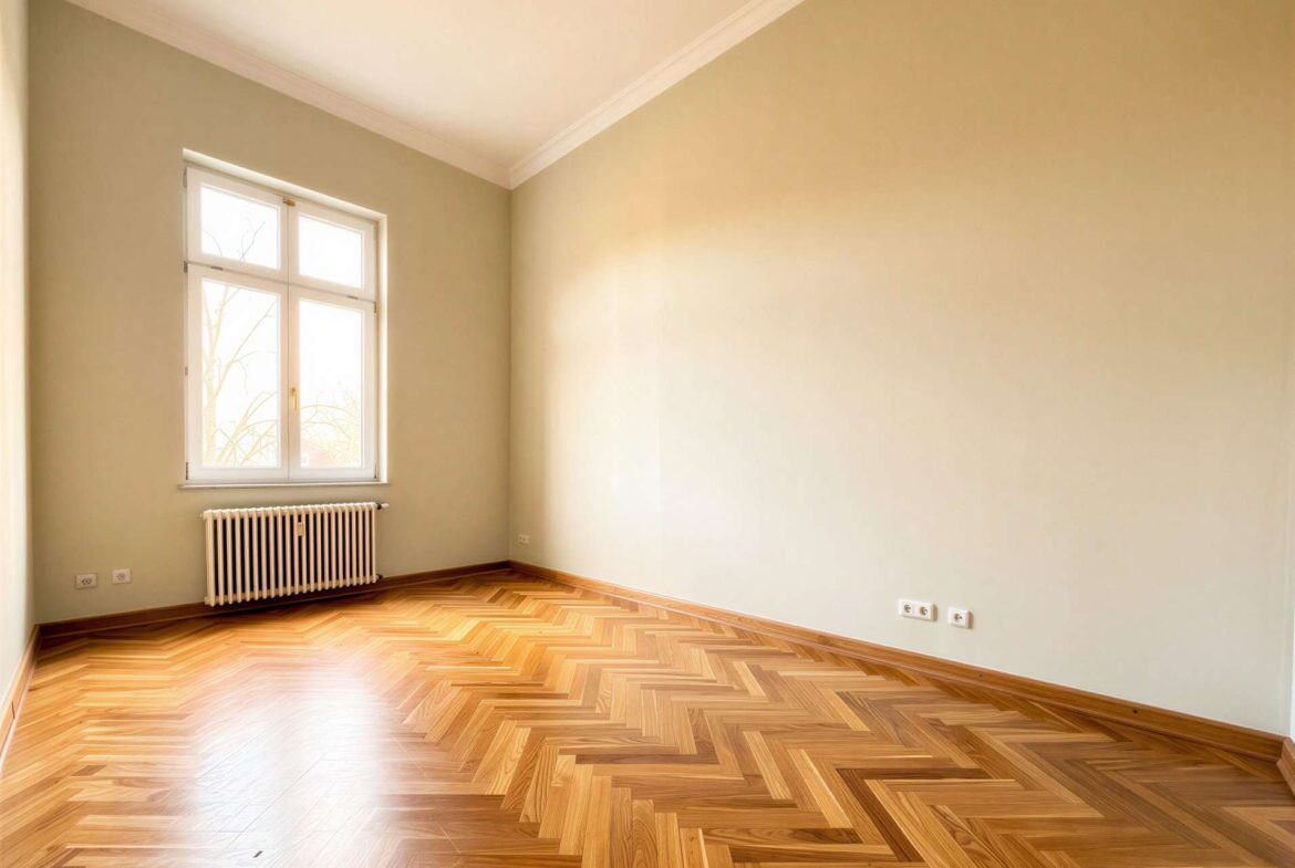 Sunlit empty room with pale green walls, a white-framed window, radiator, and herringbone wooden floor.