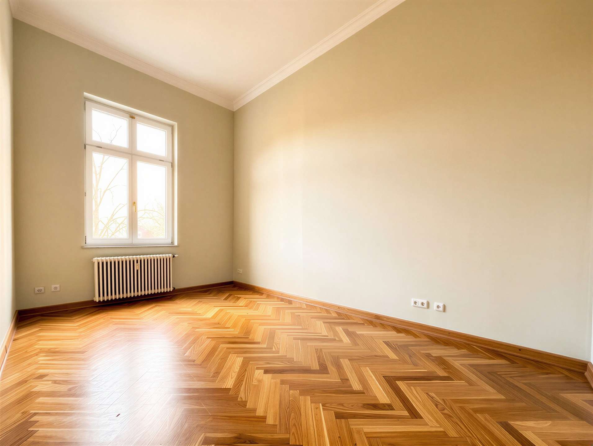 Sunlit empty room with pale green walls, a white-framed window, radiator, and herringbone wooden floor.