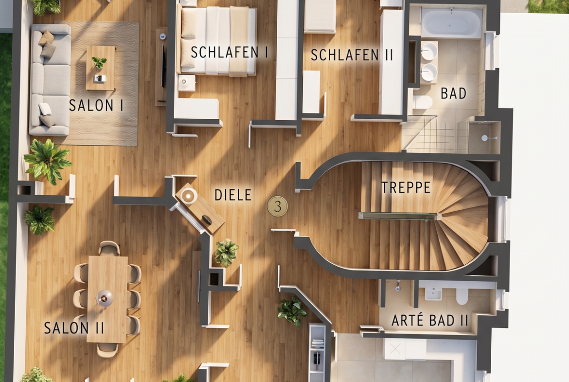Top-down floor plan of a multi-room apartment with labeled rooms, balcony, garden, and staircase access.