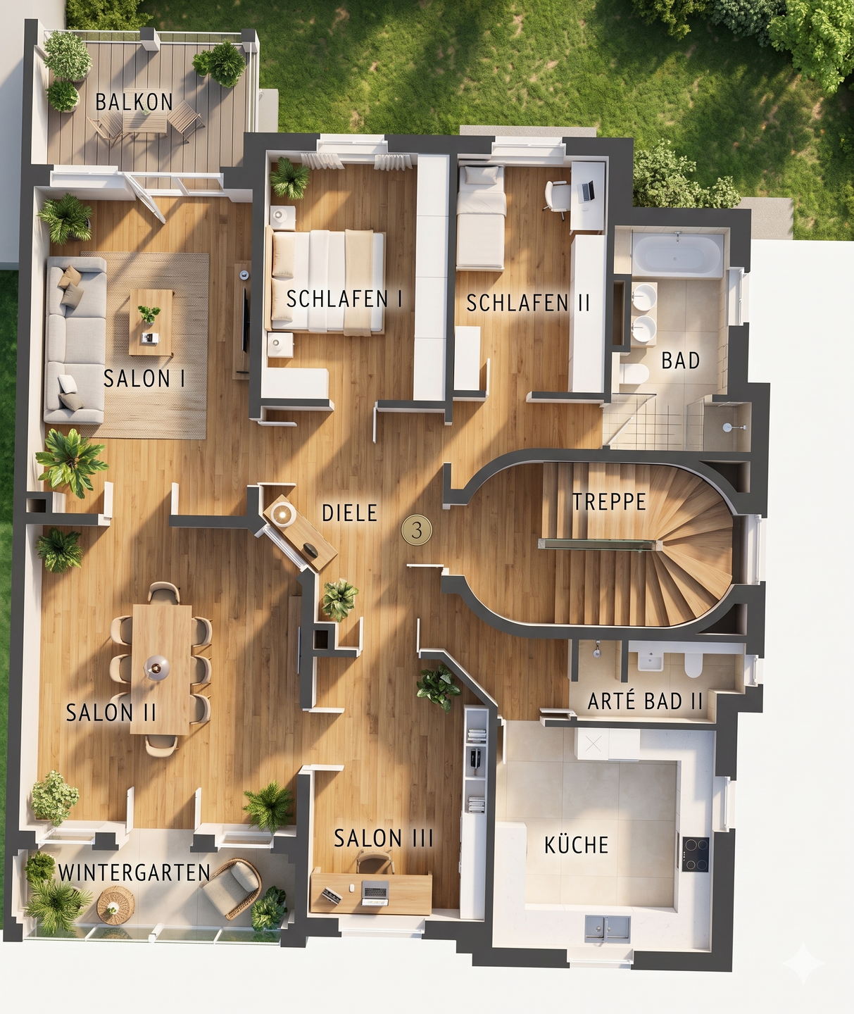 Top-down floor plan of a multi-room apartment with labeled rooms, balcony, garden, and staircase access.