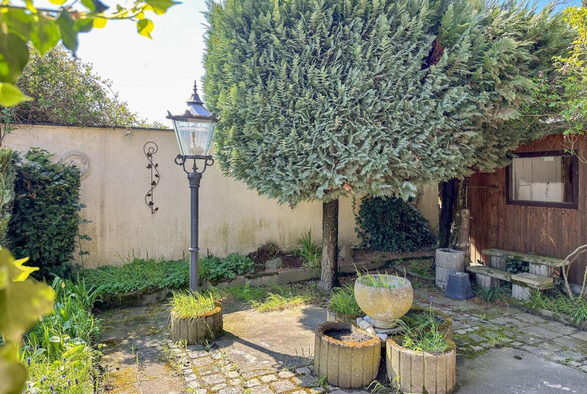 A courtyard with a tall evergreen tree, a vintage street lamp, and circular stone planters on a paved area near a white wall and wooden shed.