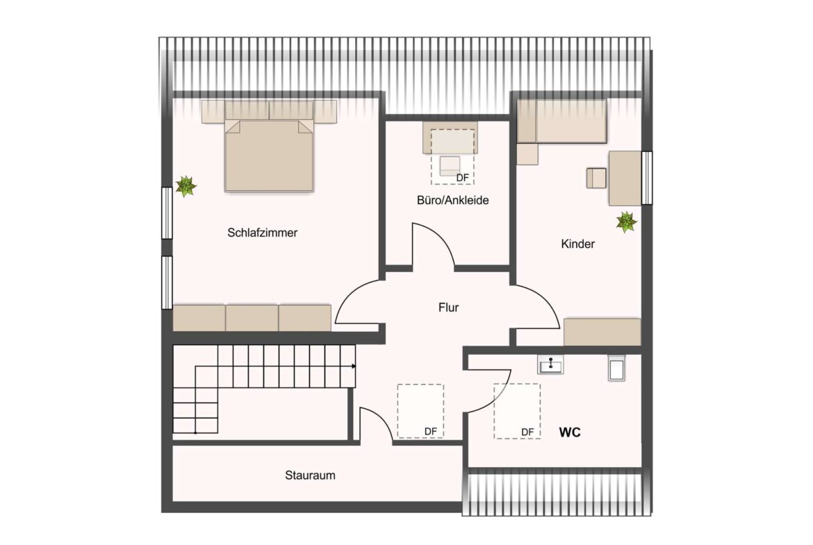 Grundriss eines Wohnungs-Topplans: Schlafzimmer links, Büro/Ankleide in der Mitte, Kinderzimmer rechts, Flur dazwischen, Stau- und WC-Raum unten rechts und Abstellraum unten links.