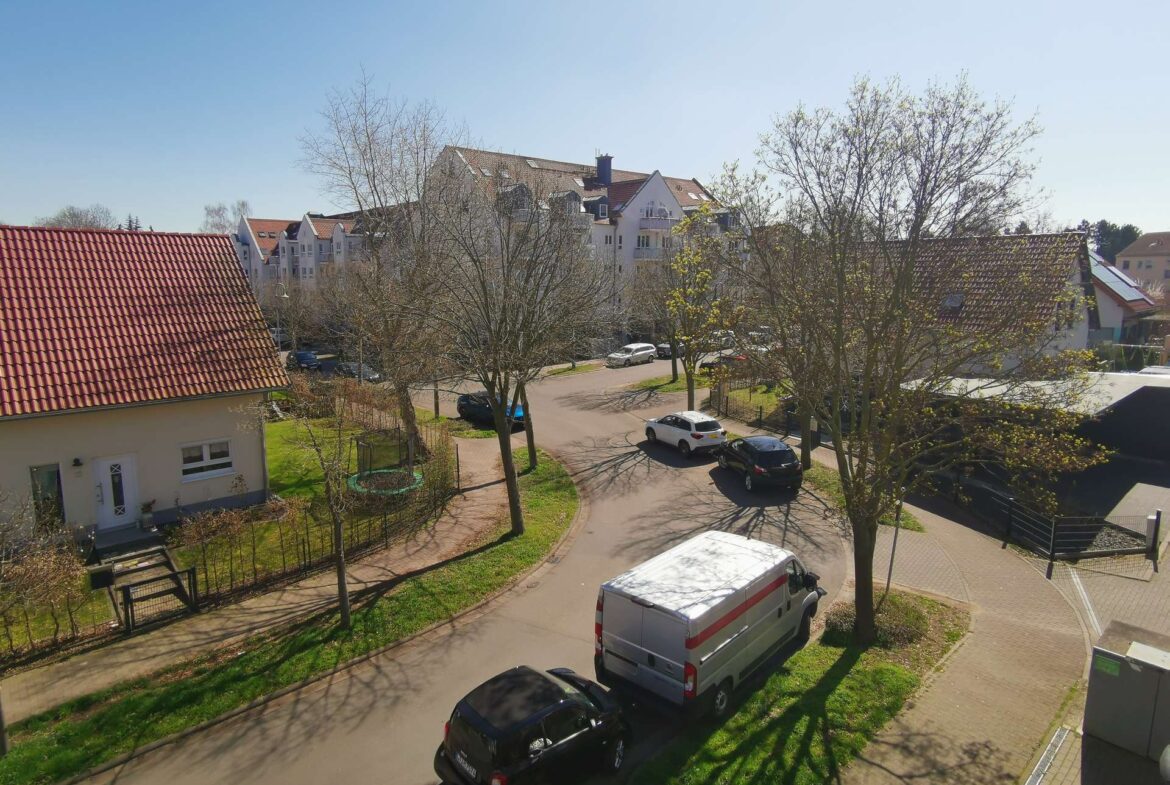 Suburban street lined with cars and white houses with red-tiled roofs under a clear blue sky, leafless trees in bloom.