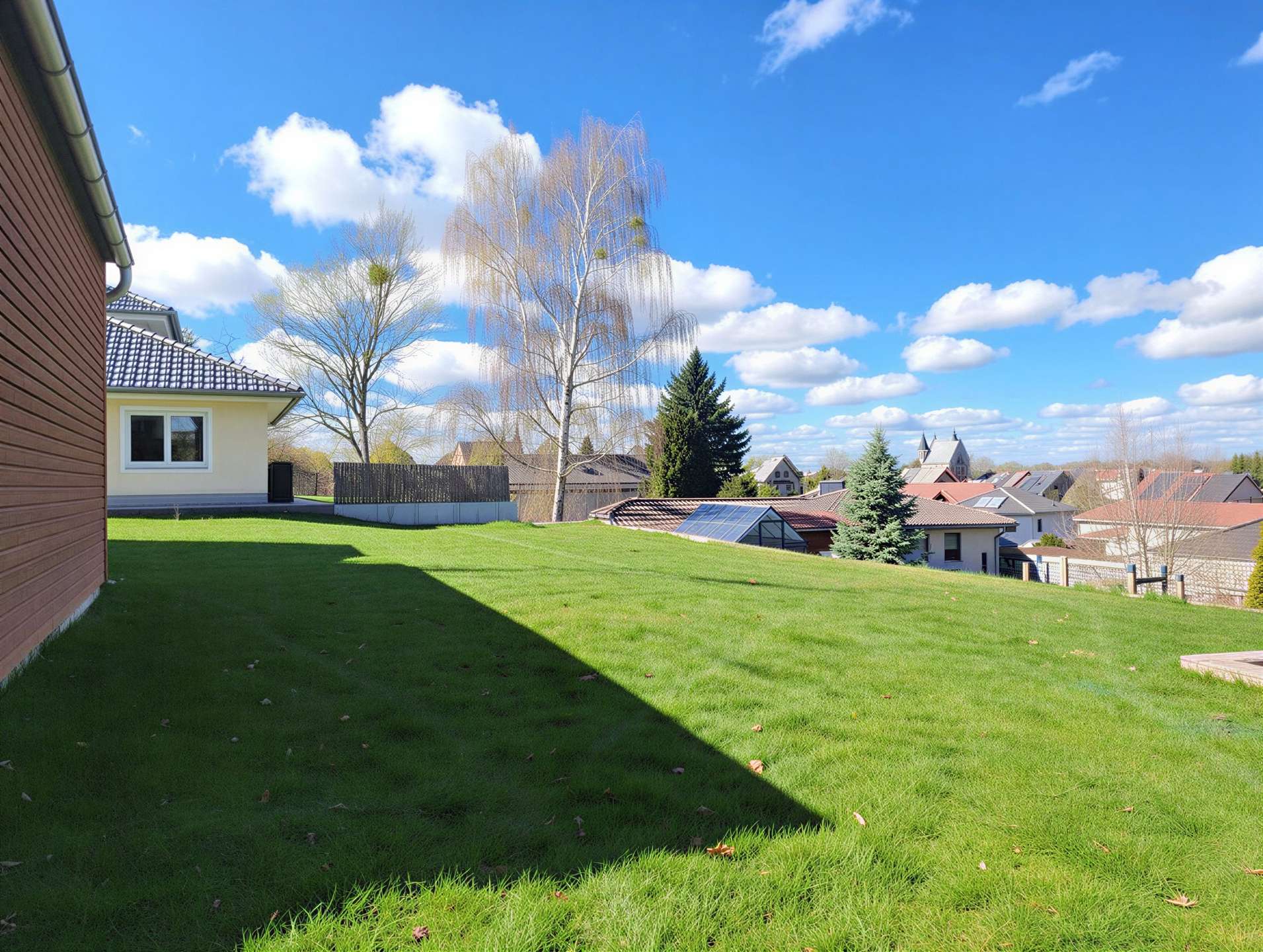 Sunny suburban backyard with a green lawn, a left-side house wall, and distant rooftops under a blue sky with clouds.