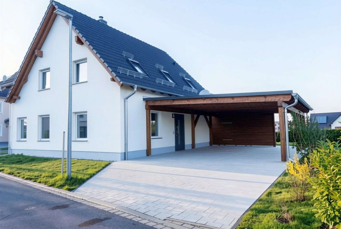 Modern white house with a dark blue tile roof, solar panels, and a wooden-carport on a paved driveway.