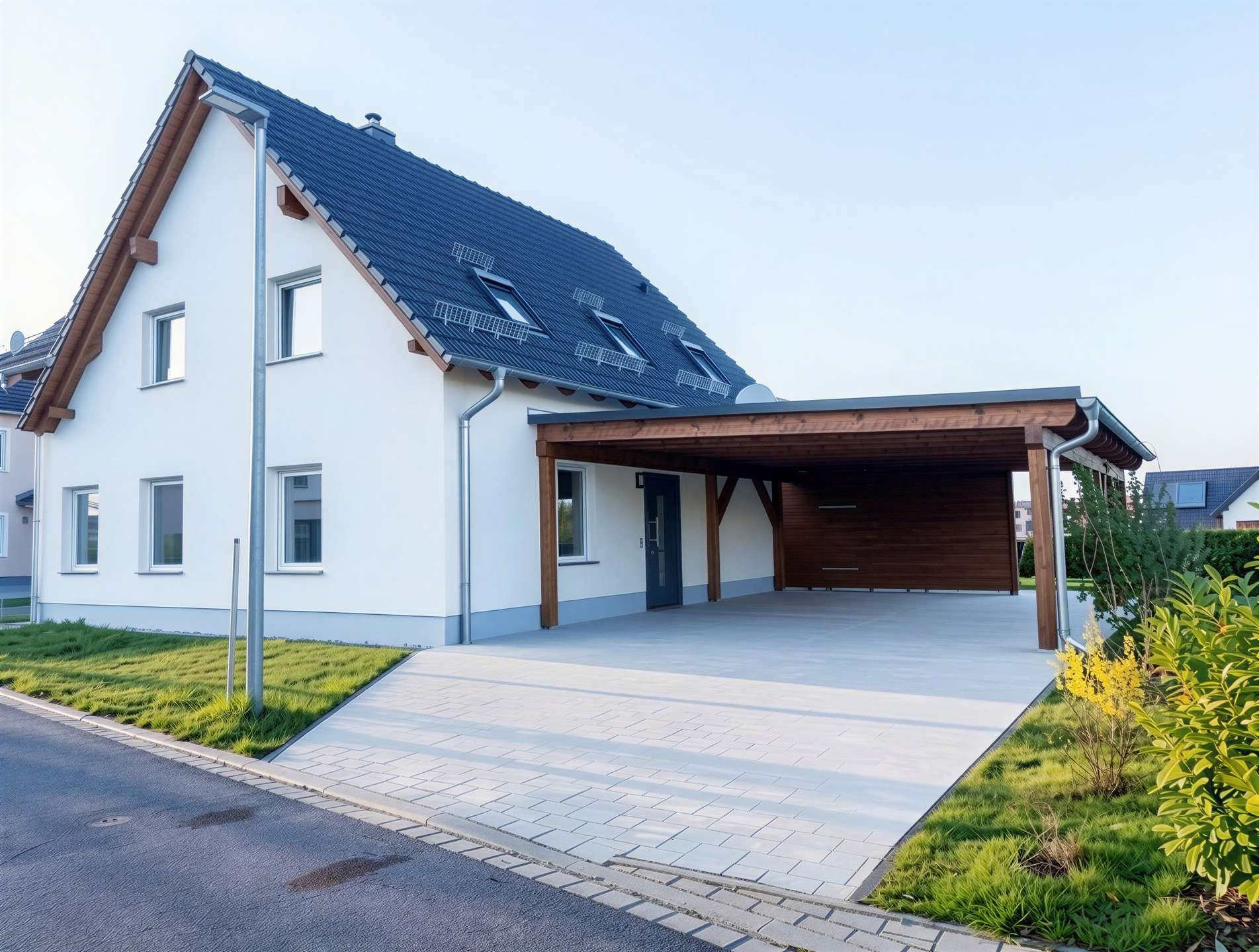Modern white house with a dark blue tile roof, solar panels, and a wooden-carport on a paved driveway.