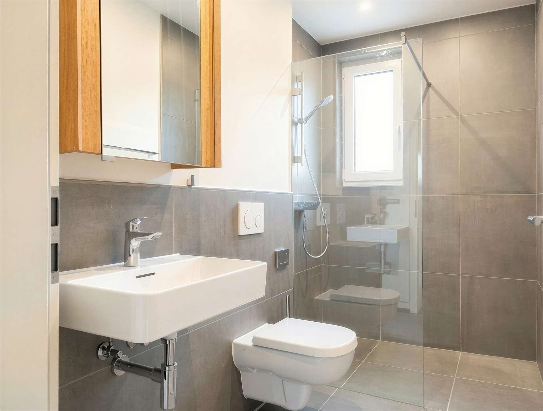 Modern bathroom with white wall-mounted sink, wall-hung toilet, gray tile walls and floor, and a glass shower enclosure.