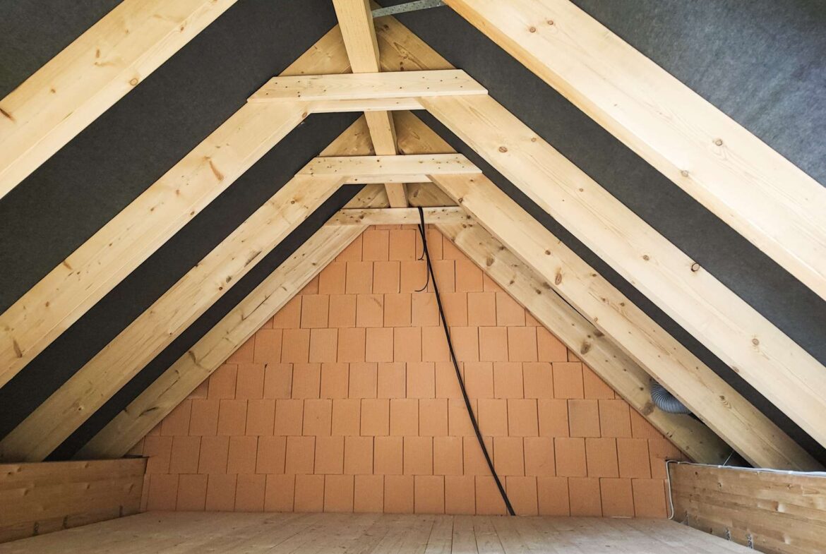 Attic with exposed wooden roof trusses, orange brick back wall, and a black cable running down the center.