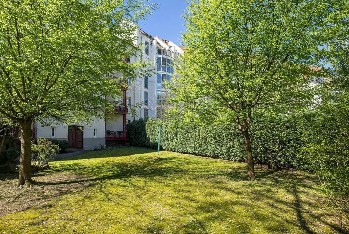Sunlit apartment building behind a leafy courtyard with trees and mossy grass in the foreground