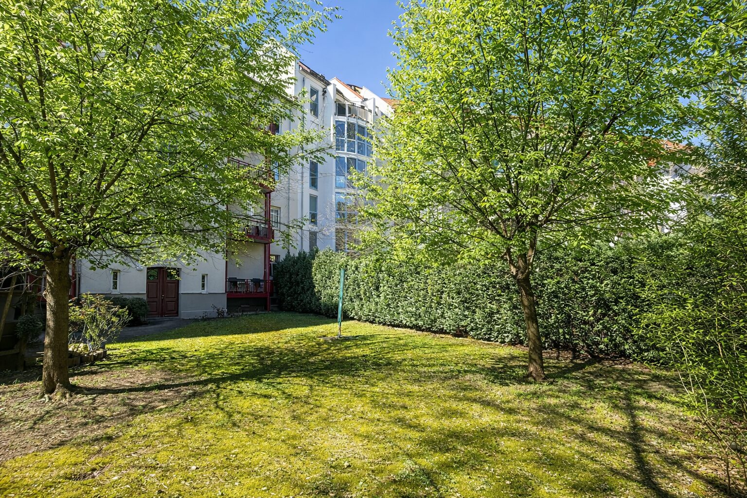 Sunlit apartment building behind a leafy courtyard with trees and mossy grass in the foreground