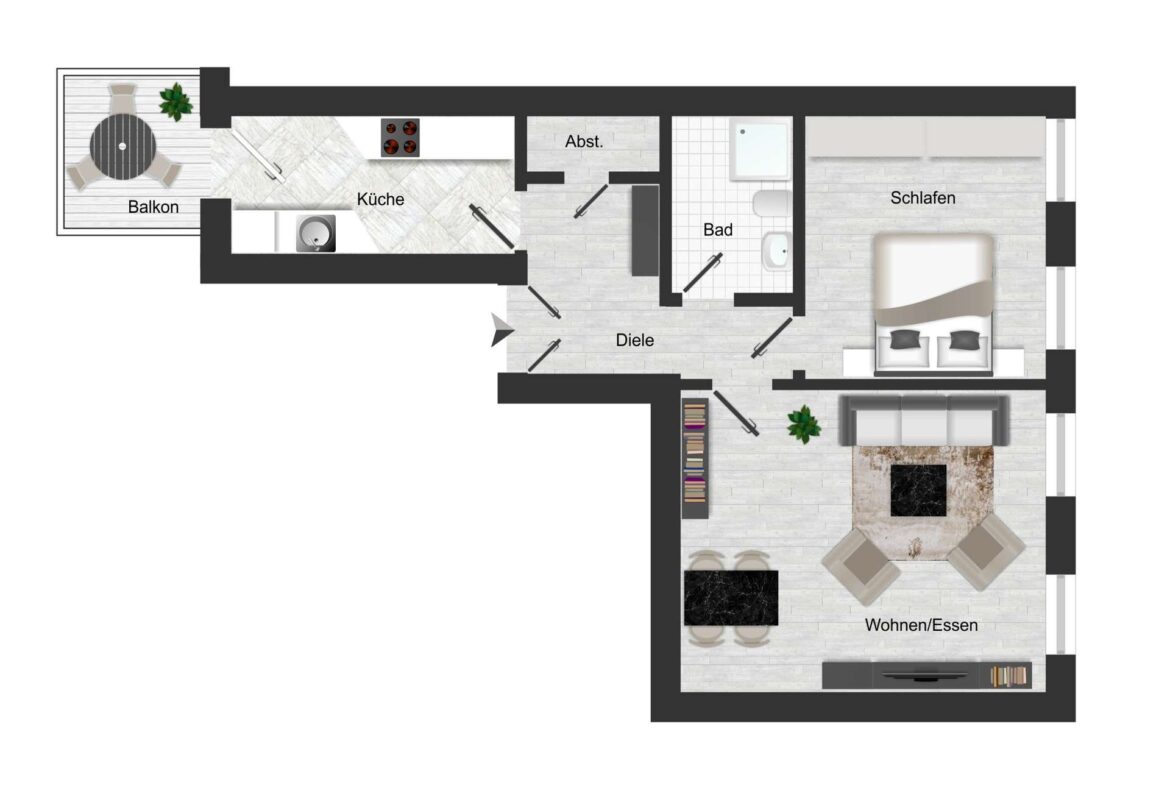 Top-down floor plan of an apartment showing balcony with table, kitchen, hallway, storage, bathroom, bedroom, and living/dining area.