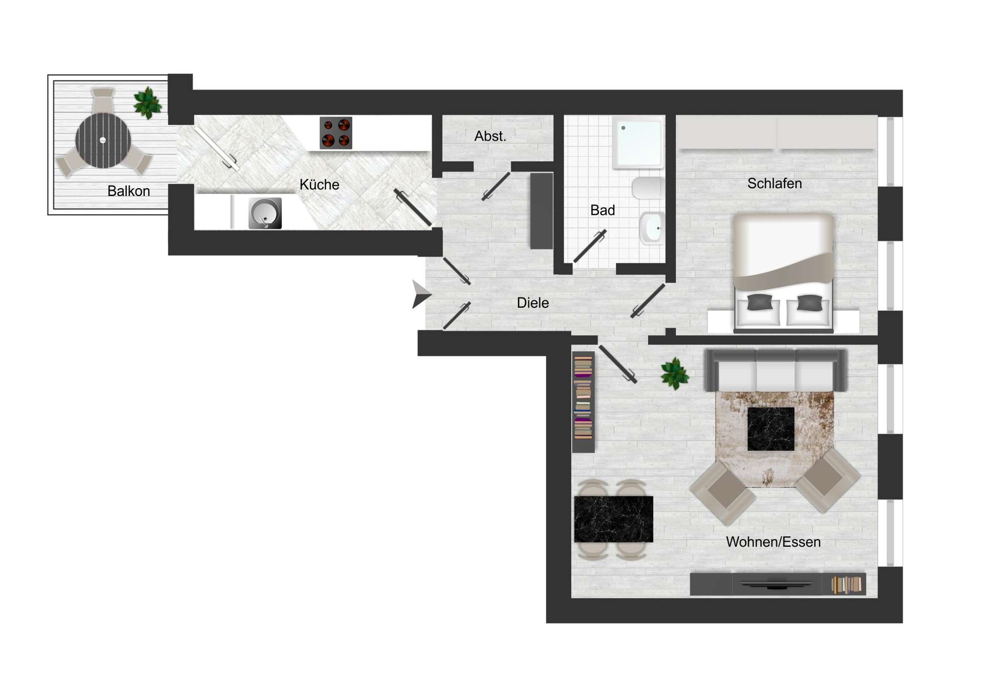 Top-down floor plan of an apartment showing balcony with table, kitchen, hallway, storage, bathroom, bedroom, and living/dining area.