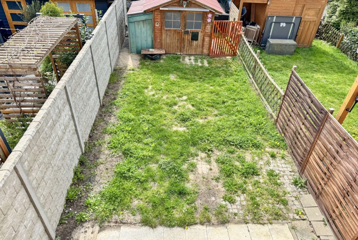 Overhead view of a small backyard: a concrete wall on the left, a wooden fence on the right, a weed-filled lawn in the center, and a wooden shed with a teal door and red roof at the far end.