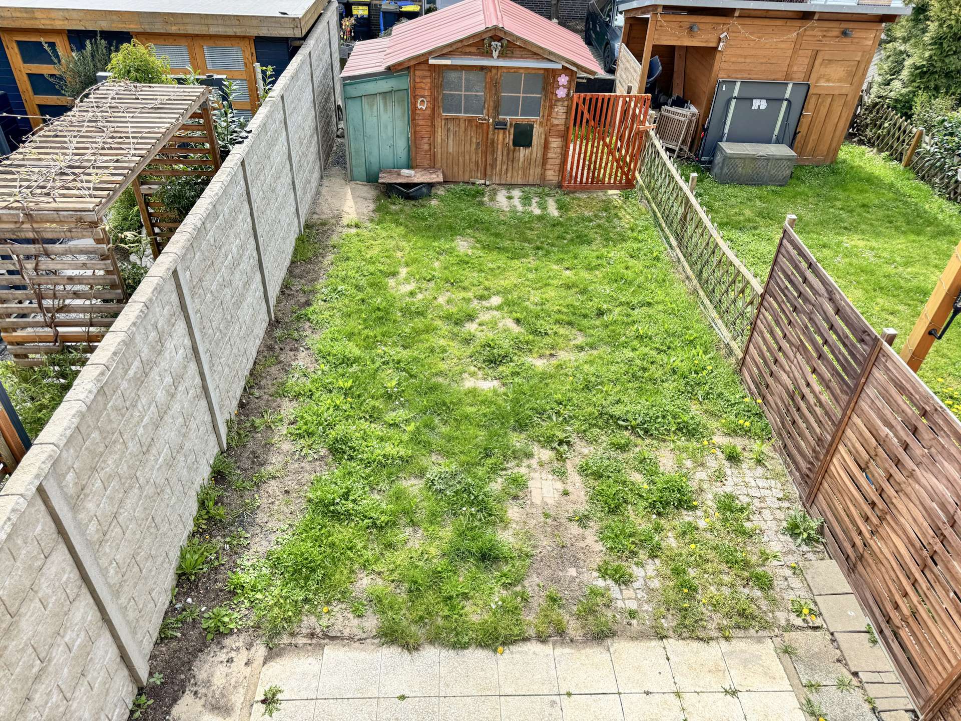 Overhead view of a small backyard: a concrete wall on the left, a wooden fence on the right, a weed-filled lawn in the center, and a wooden shed with a teal door and red roof at the far end.