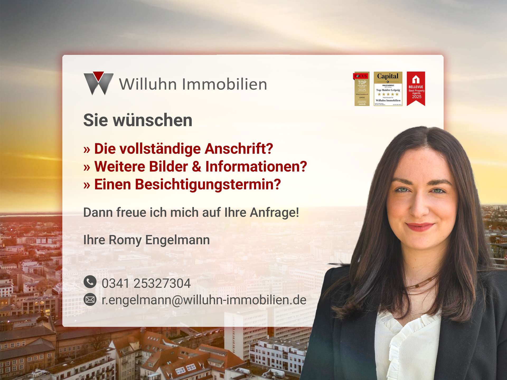 Promotional Willuhn Immobilien banner with a smiling woman on the right and contact details in German on a cityscape backdrop, inviting services listed.