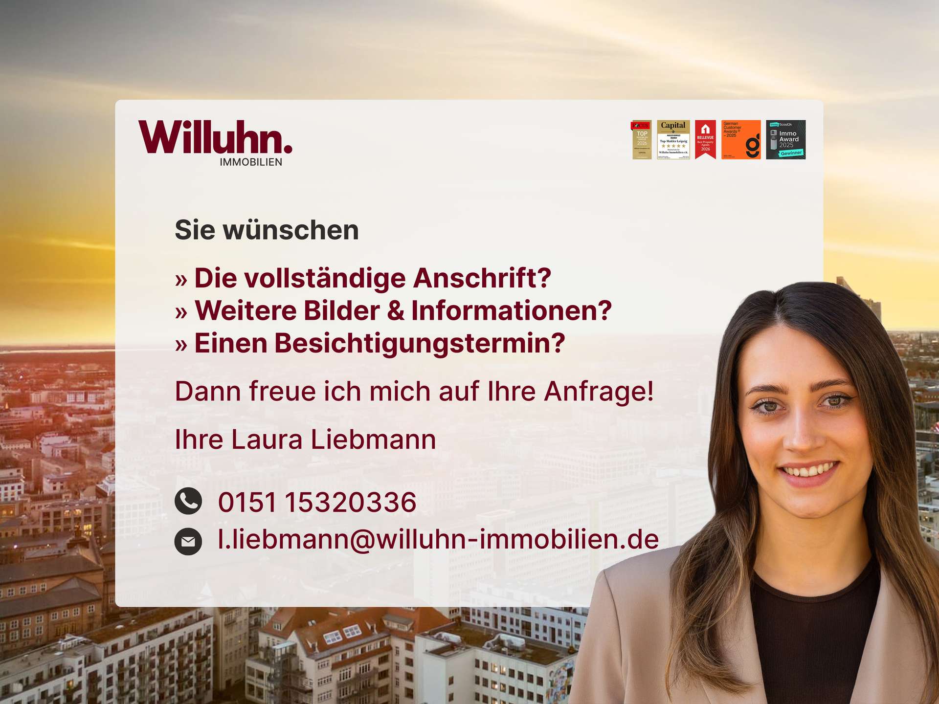 Hero banner for Willuhn Immobilien: smiling woman on the right, city skyline at sunset, white overlay panel with German contact text and awards badges top-right