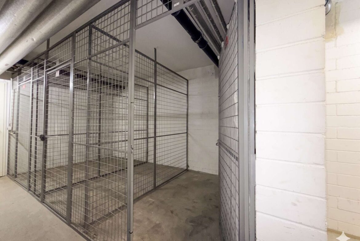 Industrial-style metal mesh cages/kennels in a hallway or storage area, with concrete floor and white cinder block walls.