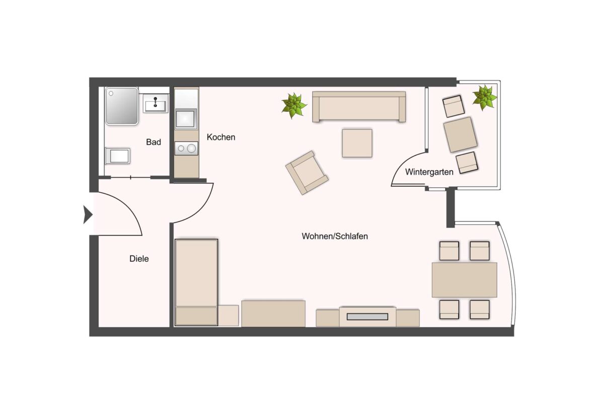 Grundriss einer Wohnung: Eingang links, Diele, Bad, kleine Küche, offener Wohn- und Schlafbereich mit Sofa, Sessel und Tisch, rechts der Wintergarten mit Sitzmöbeln und Pflanzen.