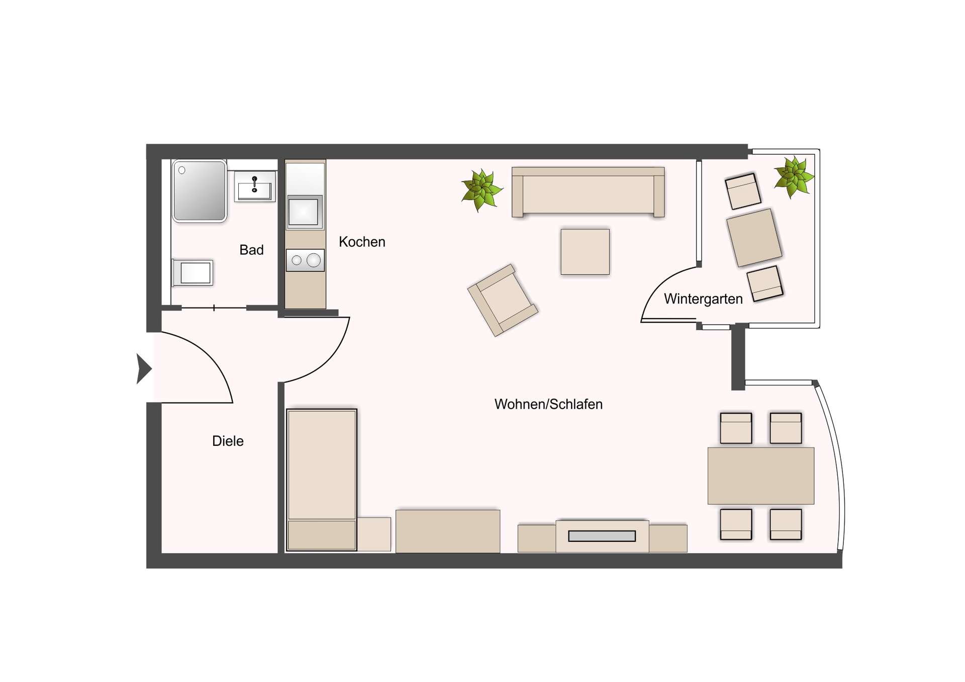 Grundriss einer Wohnung: Eingang links, Diele, Bad, kleine Küche, offener Wohn- und Schlafbereich mit Sofa, Sessel und Tisch, rechts der Wintergarten mit Sitzmöbeln und Pflanzen.