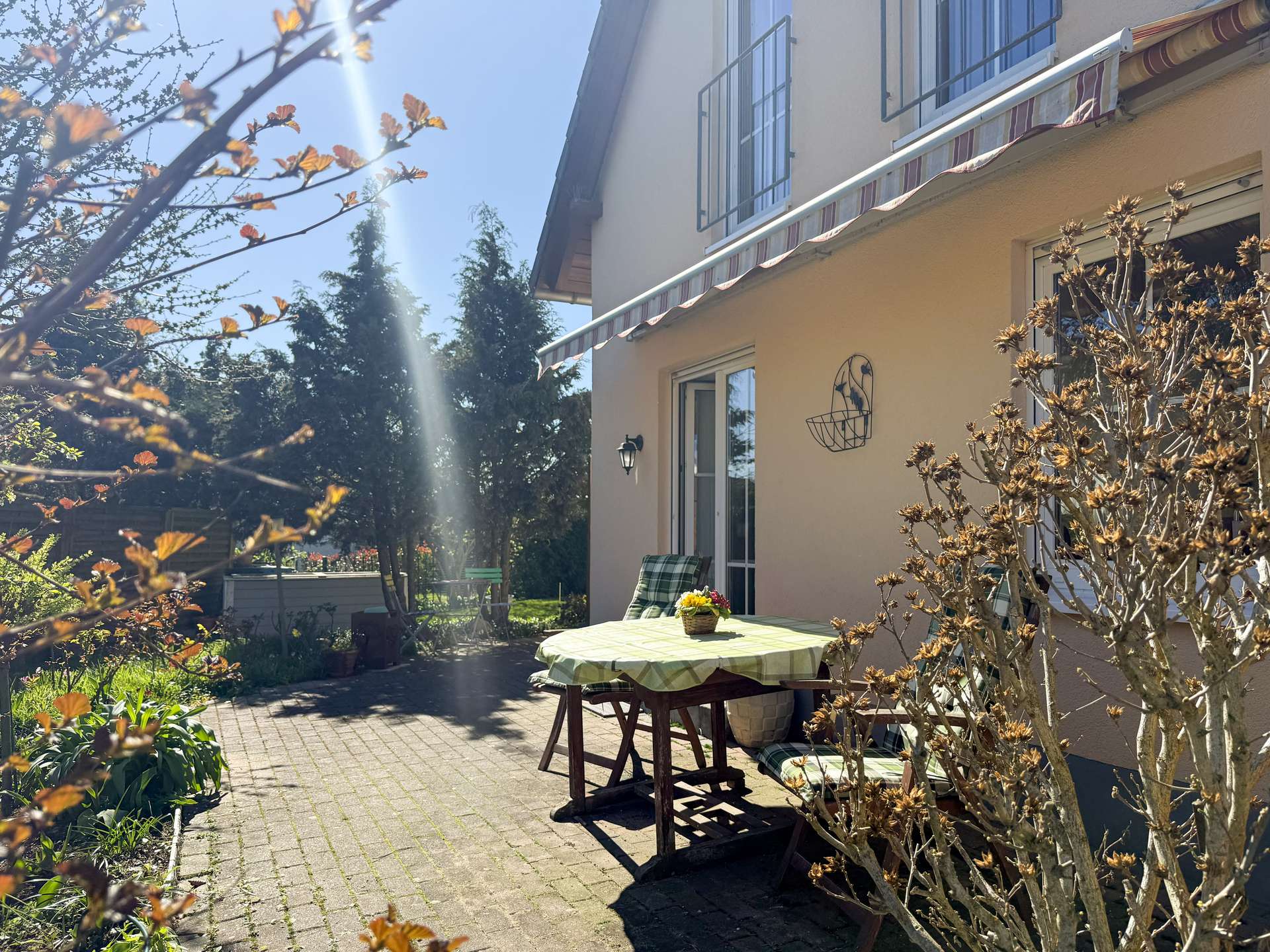 Sunny backyard patio with a round table covered by a green checkered tablecloth, a small plant basket in the center, and beige house walls with windows and a striped awning above. A leafless shrub in the foreground and seating area in the background.