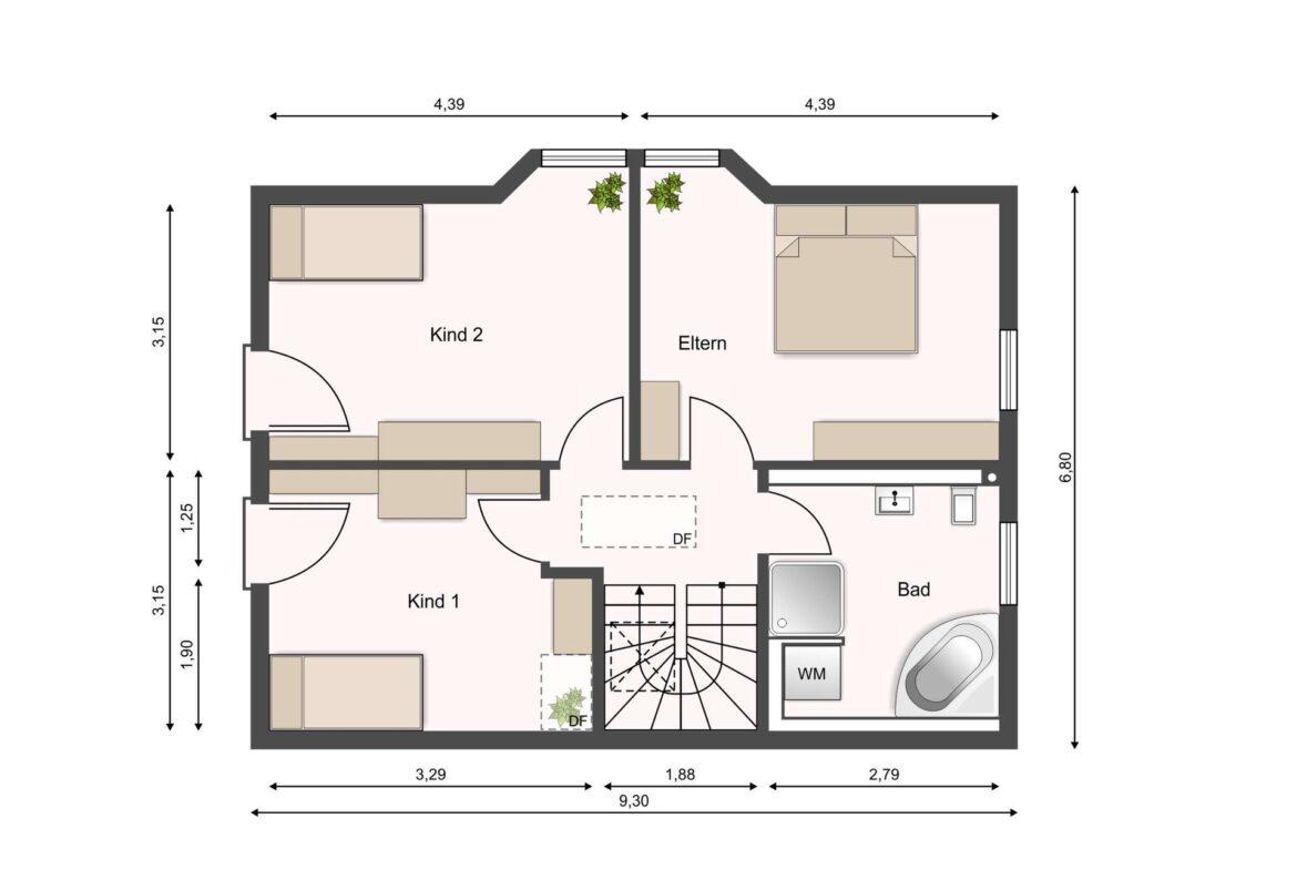Floor plan of a two-bedroom apartment: left bedroom labeled Kind 2, bottom-left Kind 1, central staircase, right main bedroom labeled Eltern, adjacent bathroom and laundry area, doorway and furniture layout shown with walls and doors clearly marked
