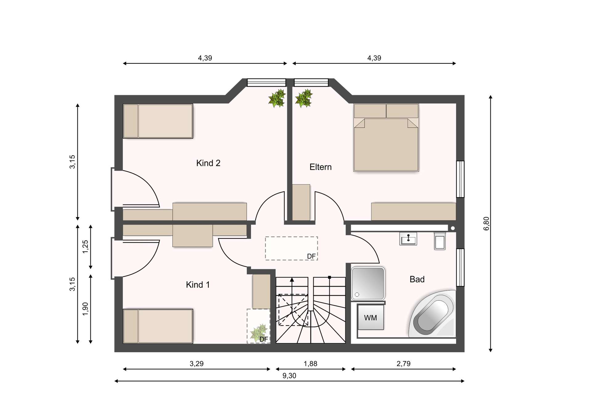 Floor plan of a two-bedroom apartment: left bedroom labeled Kind 2, bottom-left Kind 1, central staircase, right main bedroom labeled Eltern, adjacent bathroom and laundry area, doorway and furniture layout shown with walls and doors clearly marked