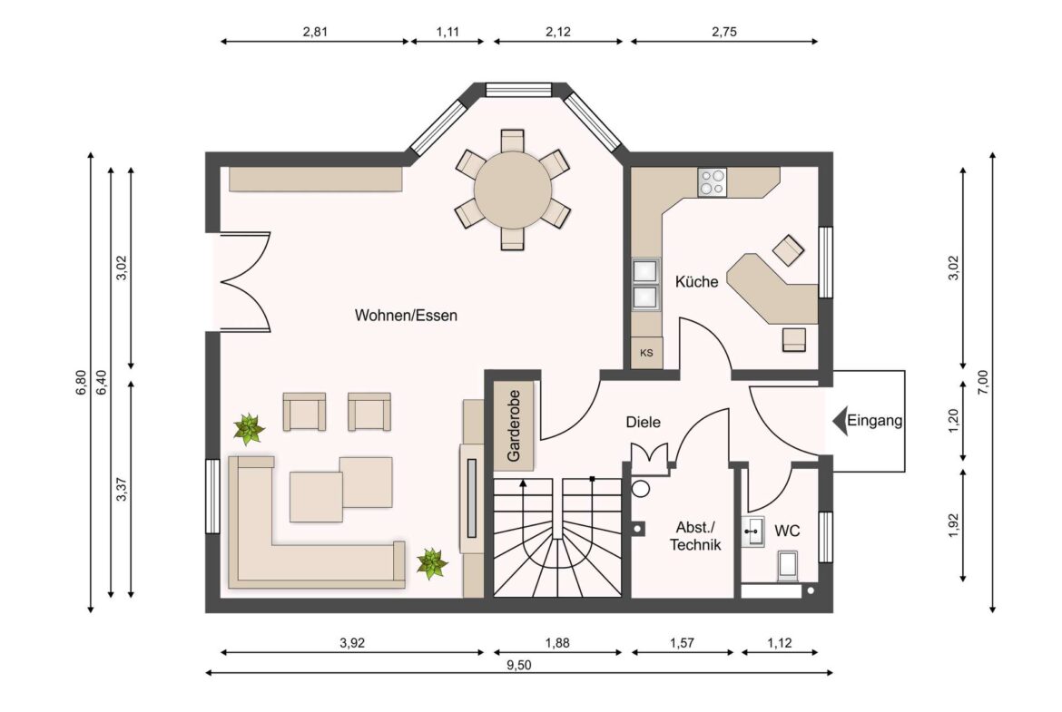 Floor plan: living/dining area on the left, kitchen on the right, entry at bottom right, central staircase, labeled rooms (Wohnen/Essen, Küche, Diele, Garderobe, WC, Technik).