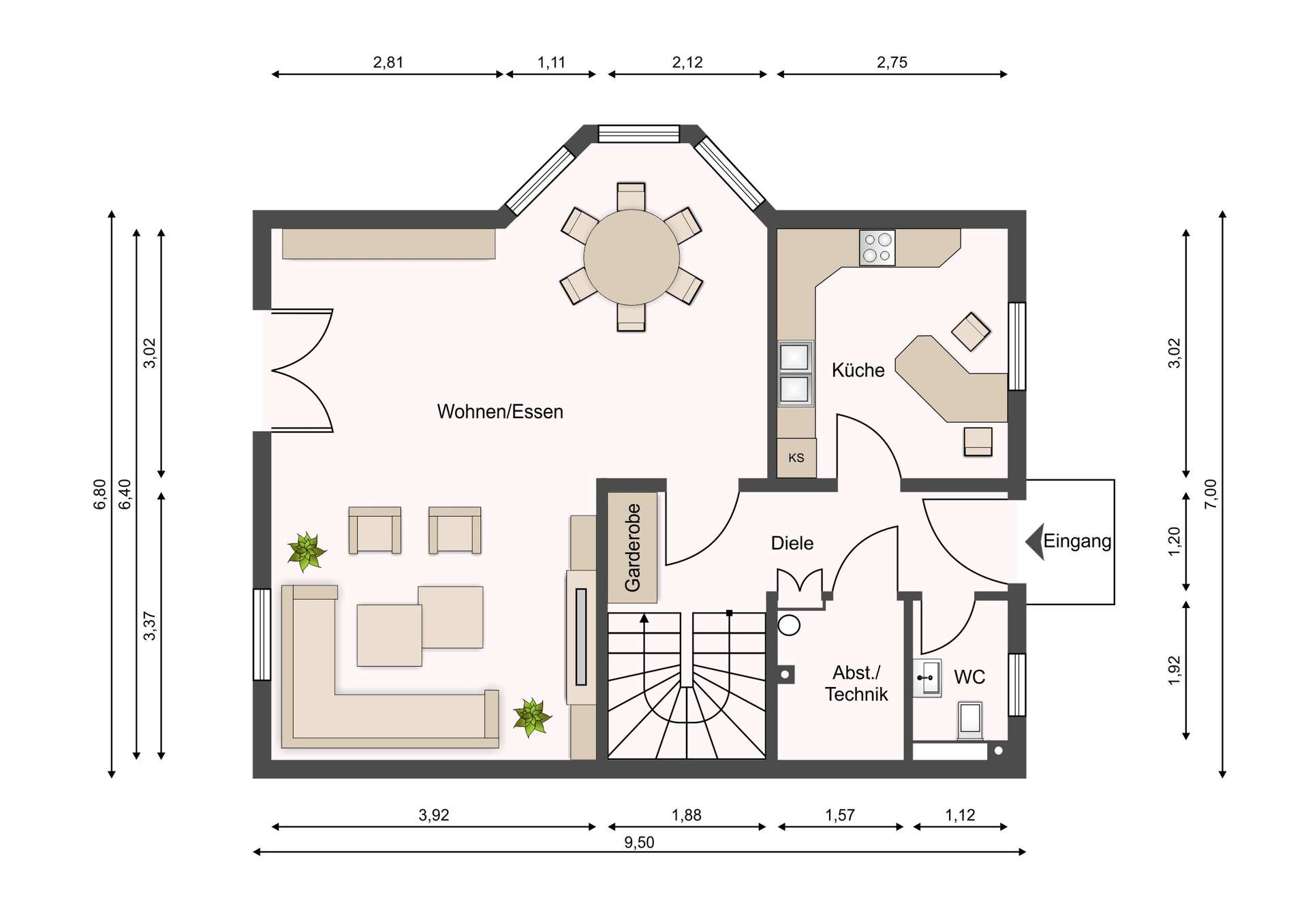 Floor plan: living/dining area on the left, kitchen on the right, entry at bottom right, central staircase, labeled rooms (Wohnen/Essen, Küche, Diele, Garderobe, WC, Technik).