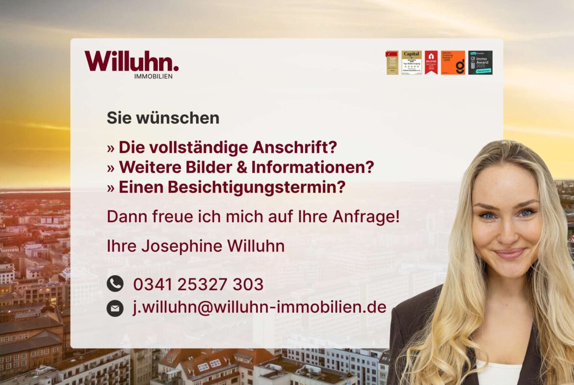 Willuhn Immobilien banner: logo and German headlines over a cityscape with a partial portrait of a smiling woman on the right, sunset background.