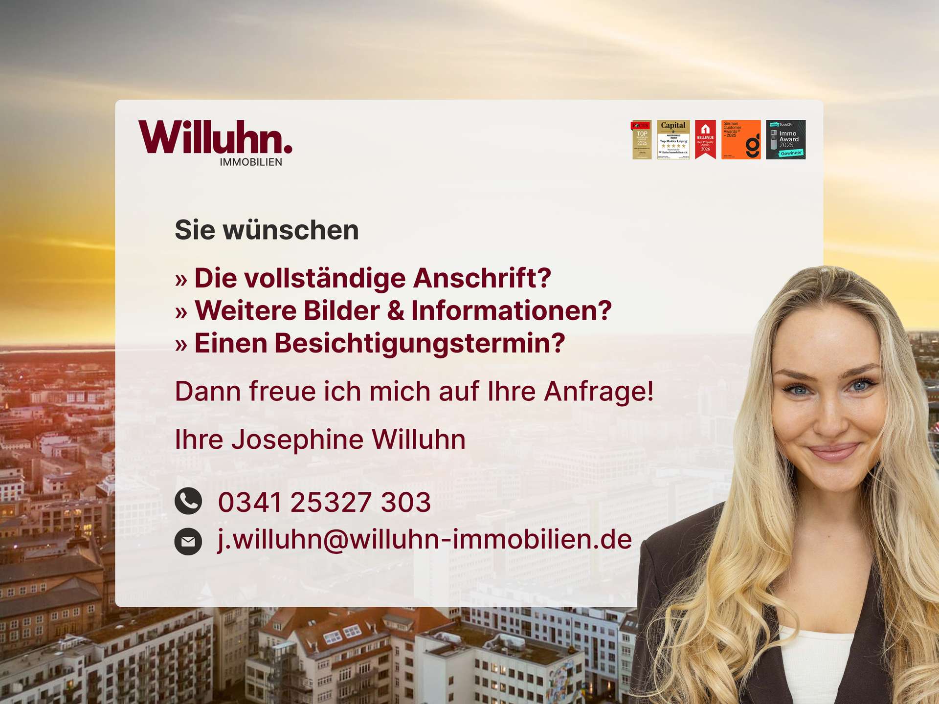 Willuhn Immobilien banner: logo and German headlines over a cityscape with a partial portrait of a smiling woman on the right, sunset background.