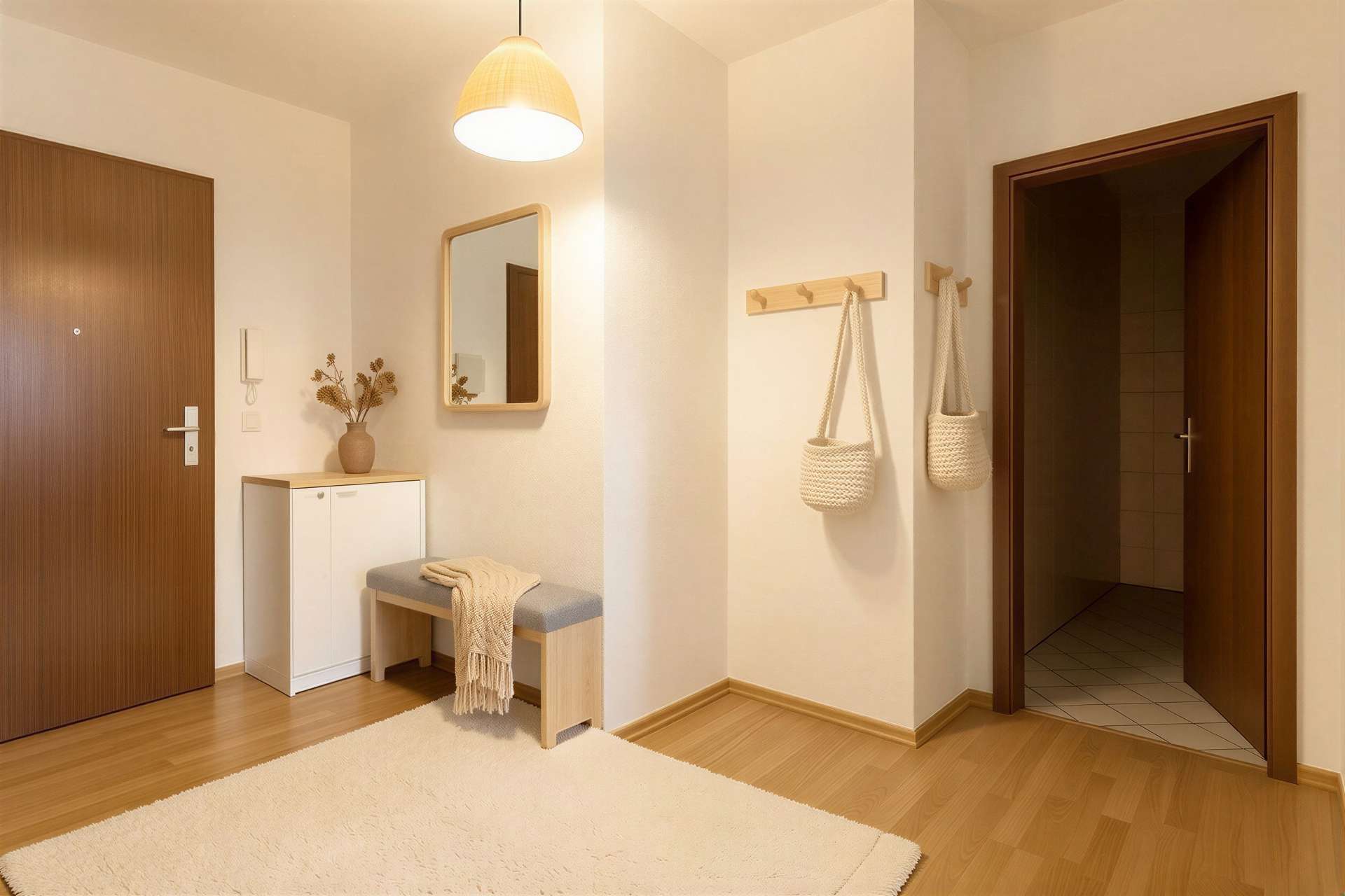 Bright entryway with a wooden door, white cabinet, bench, wall mirror, and two woven hanging baskets by the doorway.