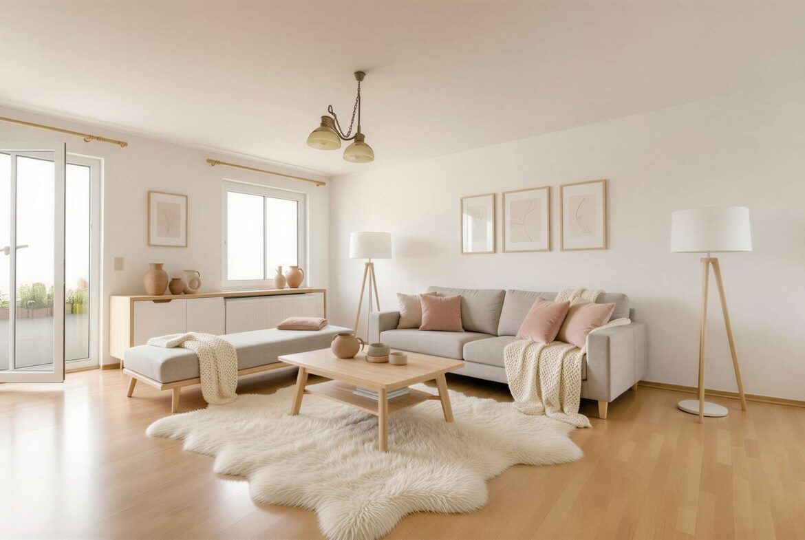 Bright, minimalist living room with a light wood coffee table, beige sofa with pastel pink pillows, and a fluffy white rug; glass doors lead to a balcony on the left.