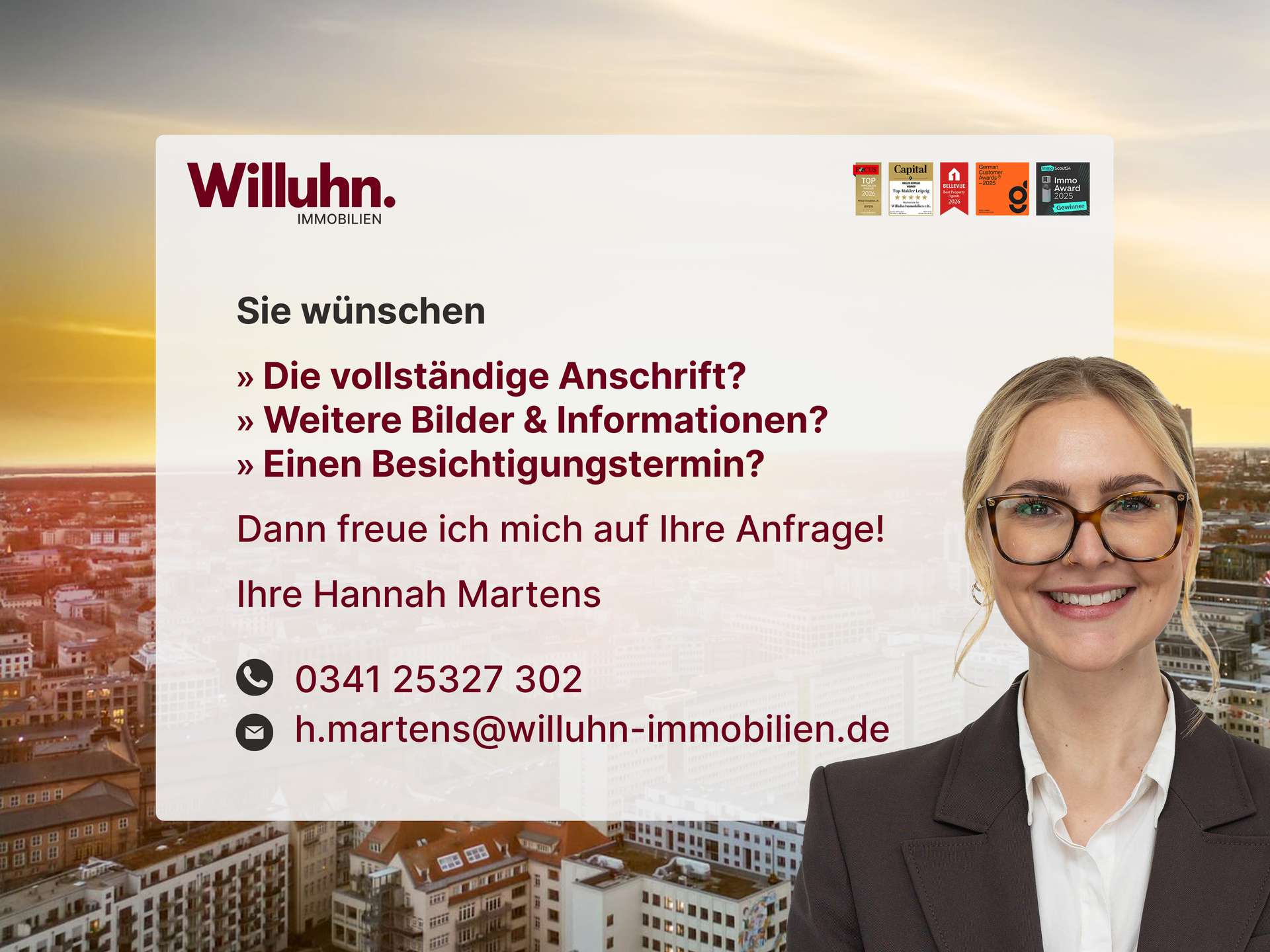 Willuhn Immobilien banner with a smiling businesswoman on the right and German contact text over a city skyline backdrop.