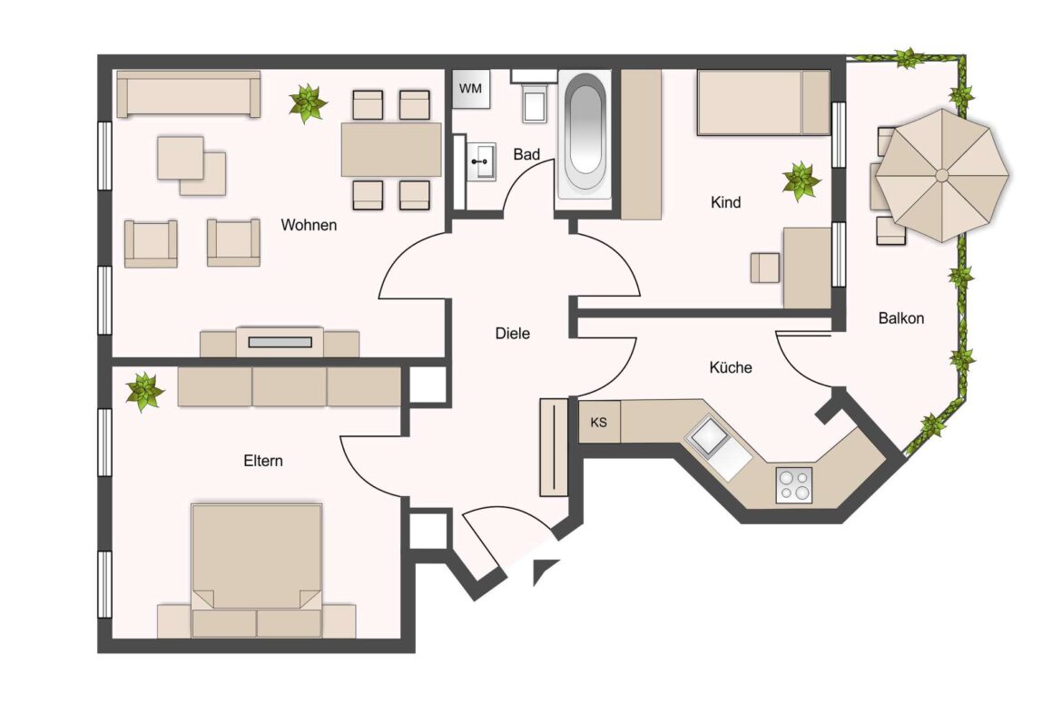 Floor plan of an apartment showing labeled rooms: Wohnen, Eltern, Kind, Küche, Bad, Diele, Balkon.