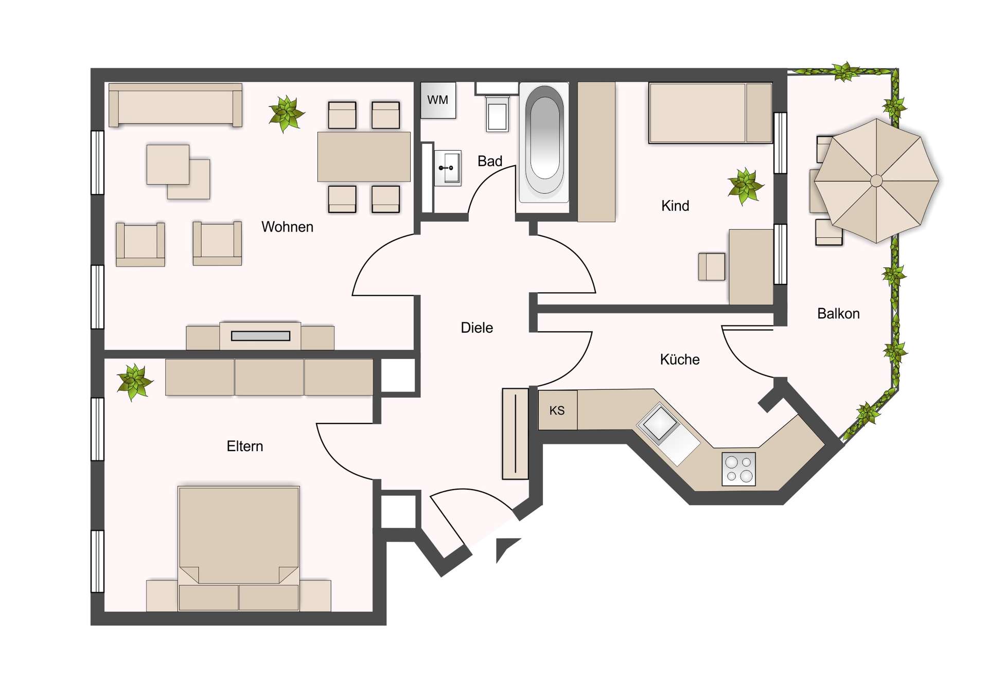 Floor plan of an apartment showing labeled rooms: Wohnen, Eltern, Kind, Küche, Bad, Diele, Balkon.