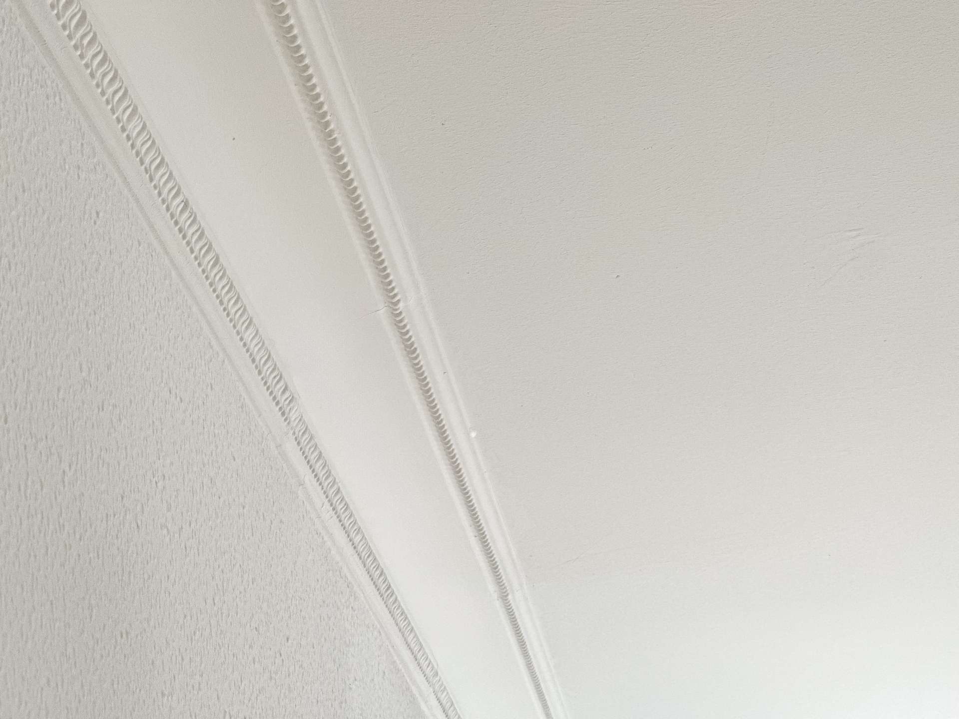 Close-up of a white decorative arch molding running along a wall edge, showing ribbed trim details