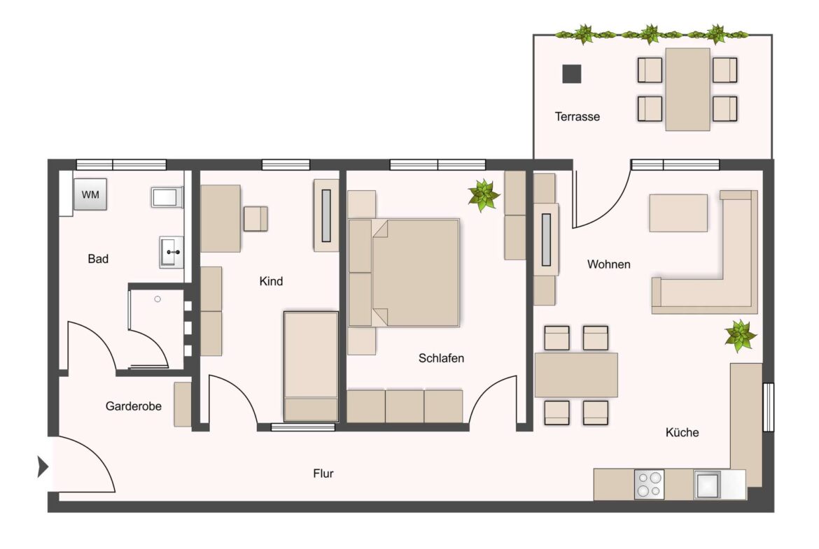 Grundriss einer Wohnung: Flur verläuft durch die Mitte, links Bad und Garderobe, rechts Wohnzimmer und Küche, Terrasse oben.
